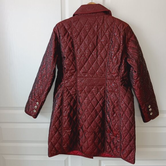 NEW Chico's Women's Deep Red Long Quilted Animal-Print Coat Size 1 US Size 8/10 - Picture 2 of 16
